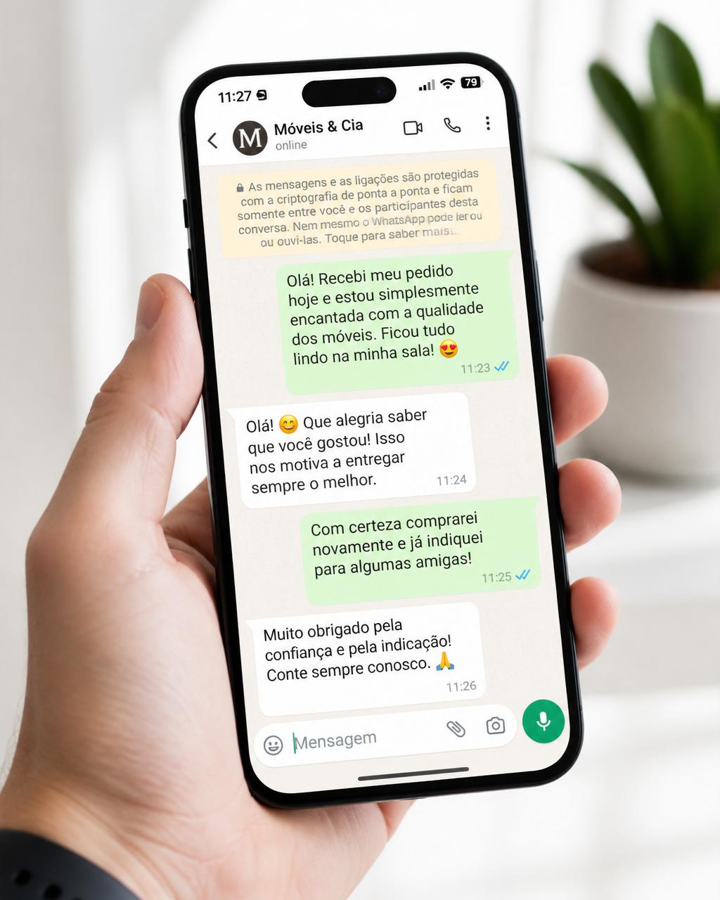 Celular mostrando conversa profissional no WhatsApp